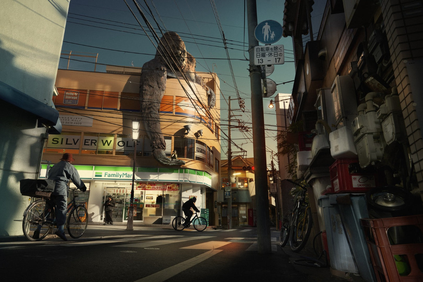 Urban street scene with a large Godzilla statue on a building, people on bicycles, and various street elements.