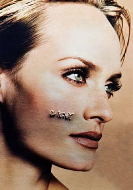 artist impression of supermodel with DKNY carved in face