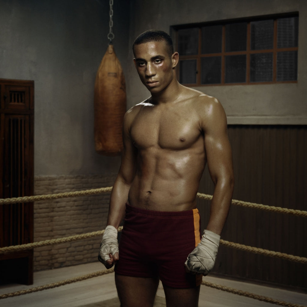 portrait of young man with red shorts in a boxing ring