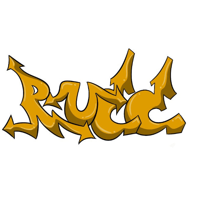 Sharp-edged gold graffiti text spelling "Rueé" with dynamic angles