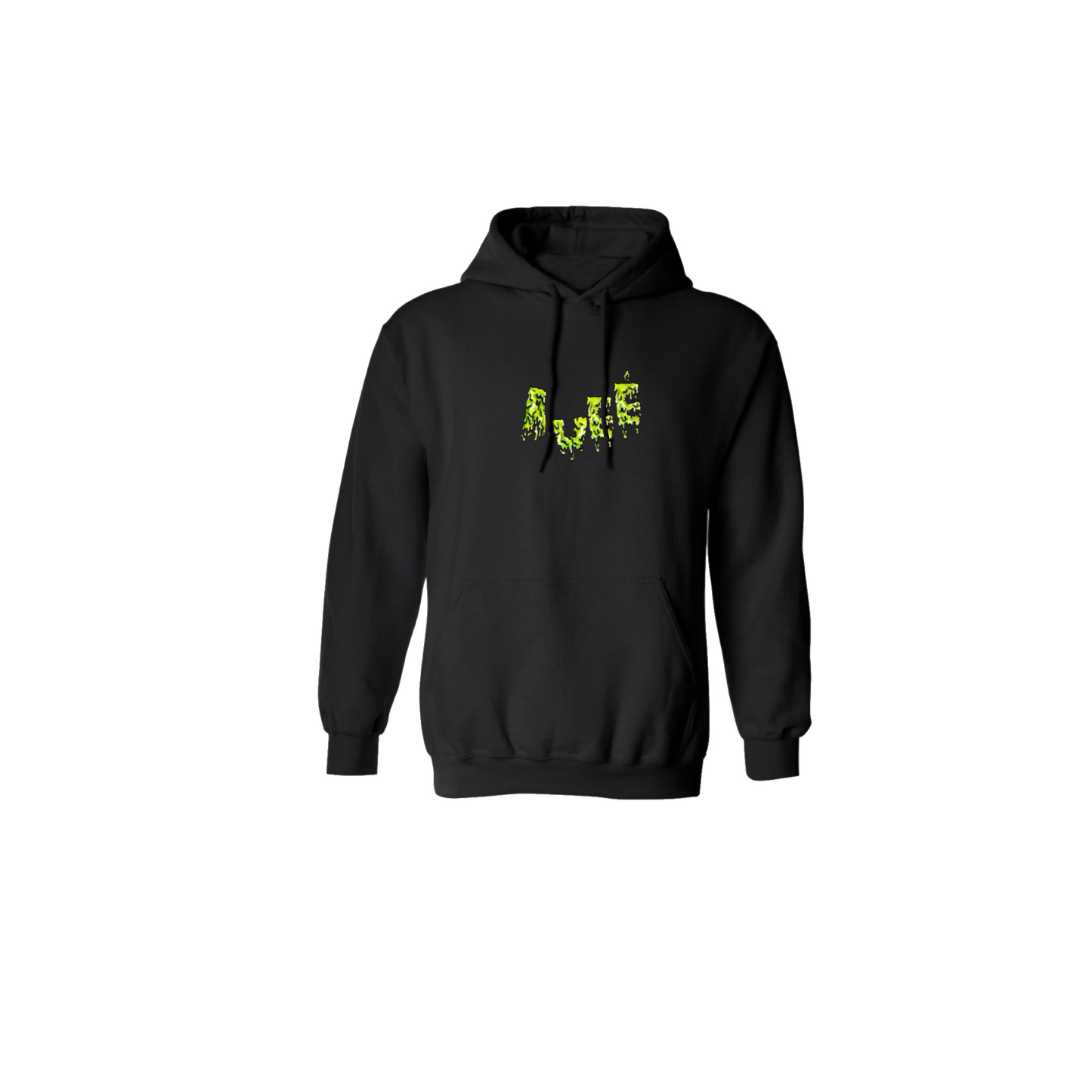 Green dripping Rueé logo on a black hoodie.