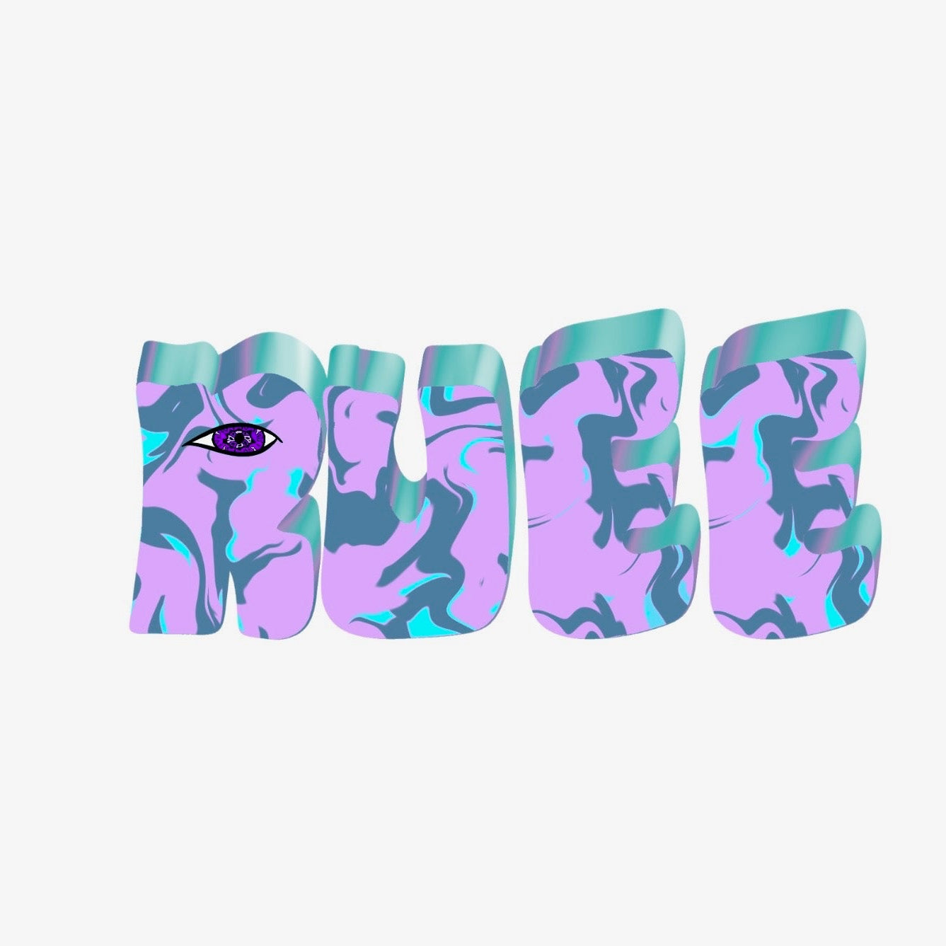 Swirled purple and blue marble texture "Rueé" with an eye in the first letter