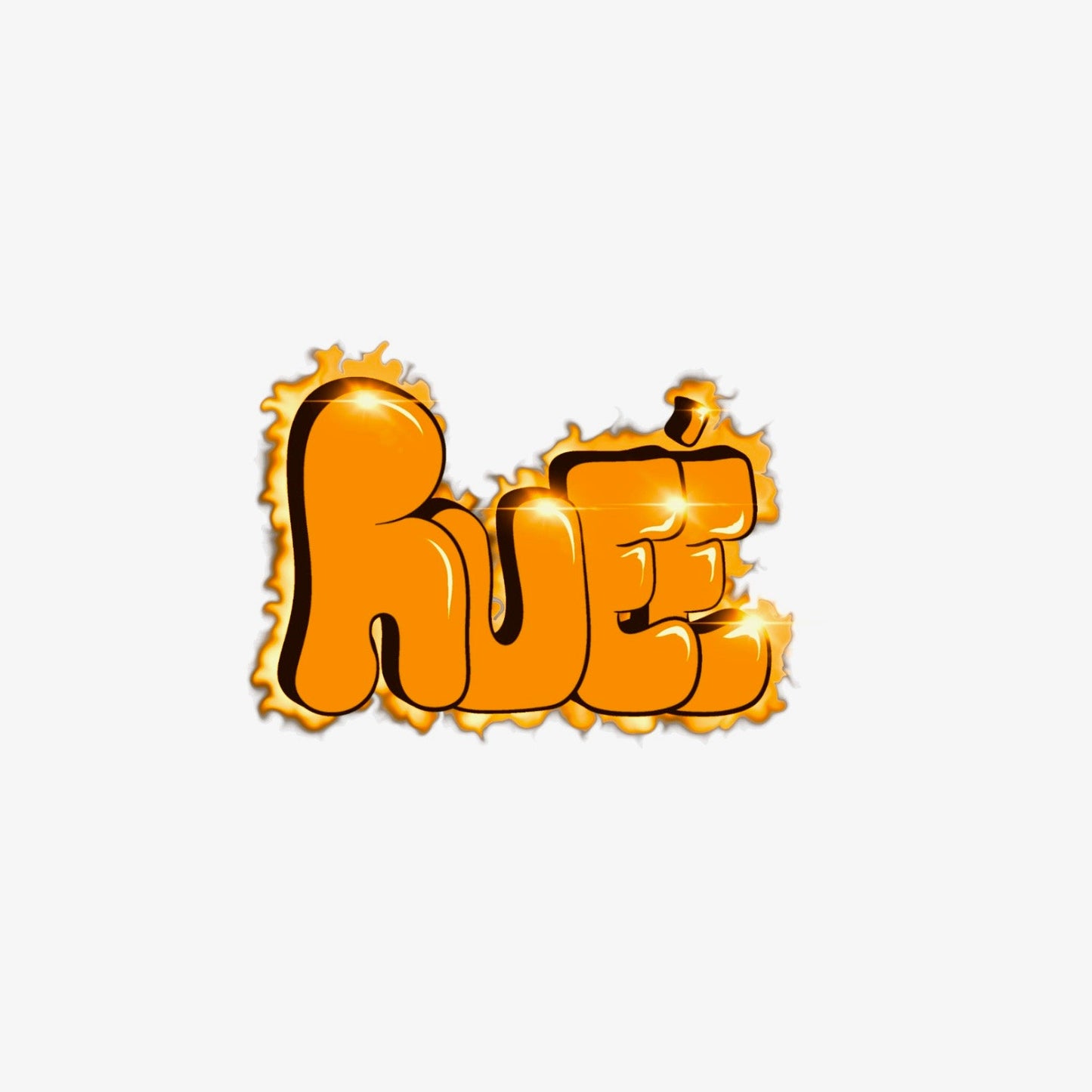 Orange bubble-style “Rueé” text with glowing edges and black fill
