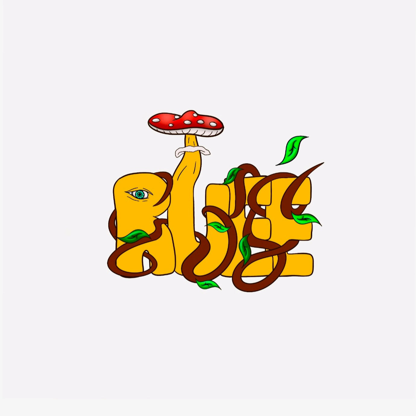 Nature-inspired "Rueé" with vines, leaves, and a red mushroom integrated into the text