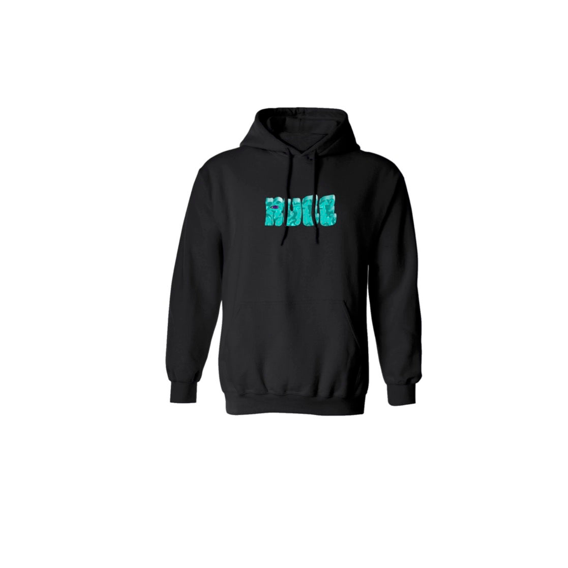 Marbled Teal Rueé logo with a purple eye on a black hoodie.