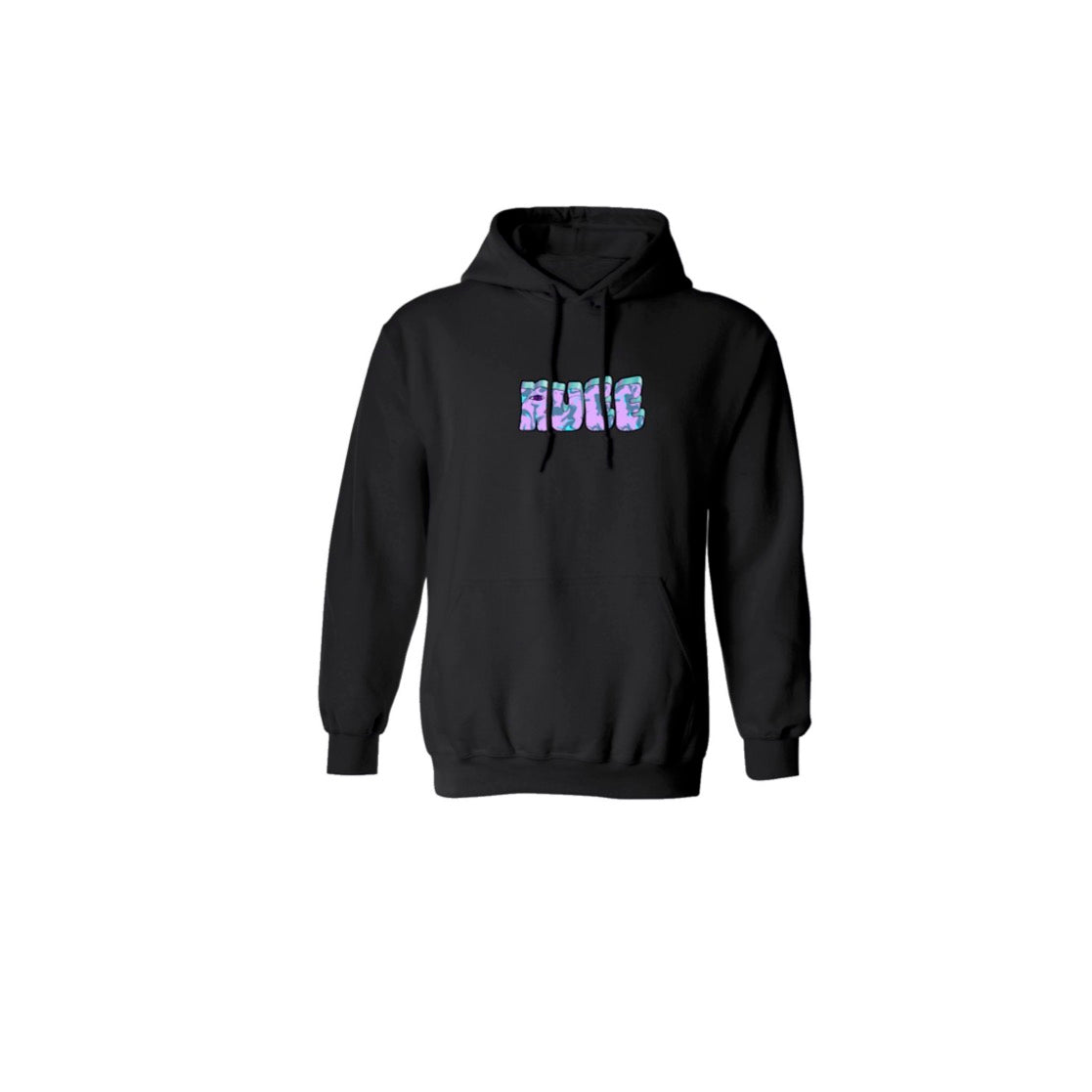 Purple and teal Rueé logo on a black hoodie.