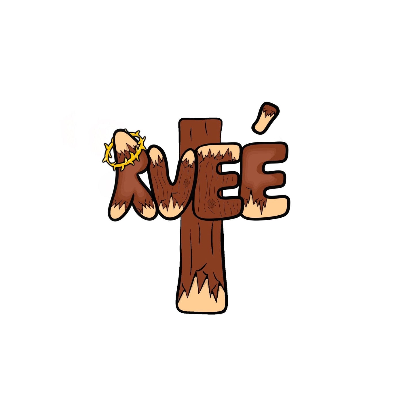 Wooden-textured "Rueé" styled like a crucifix with crown of thorns and carved details