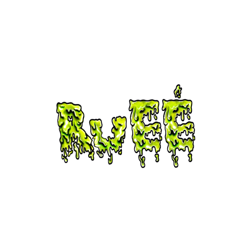 Green dripping slime-style "Rueé" with a gooey texture