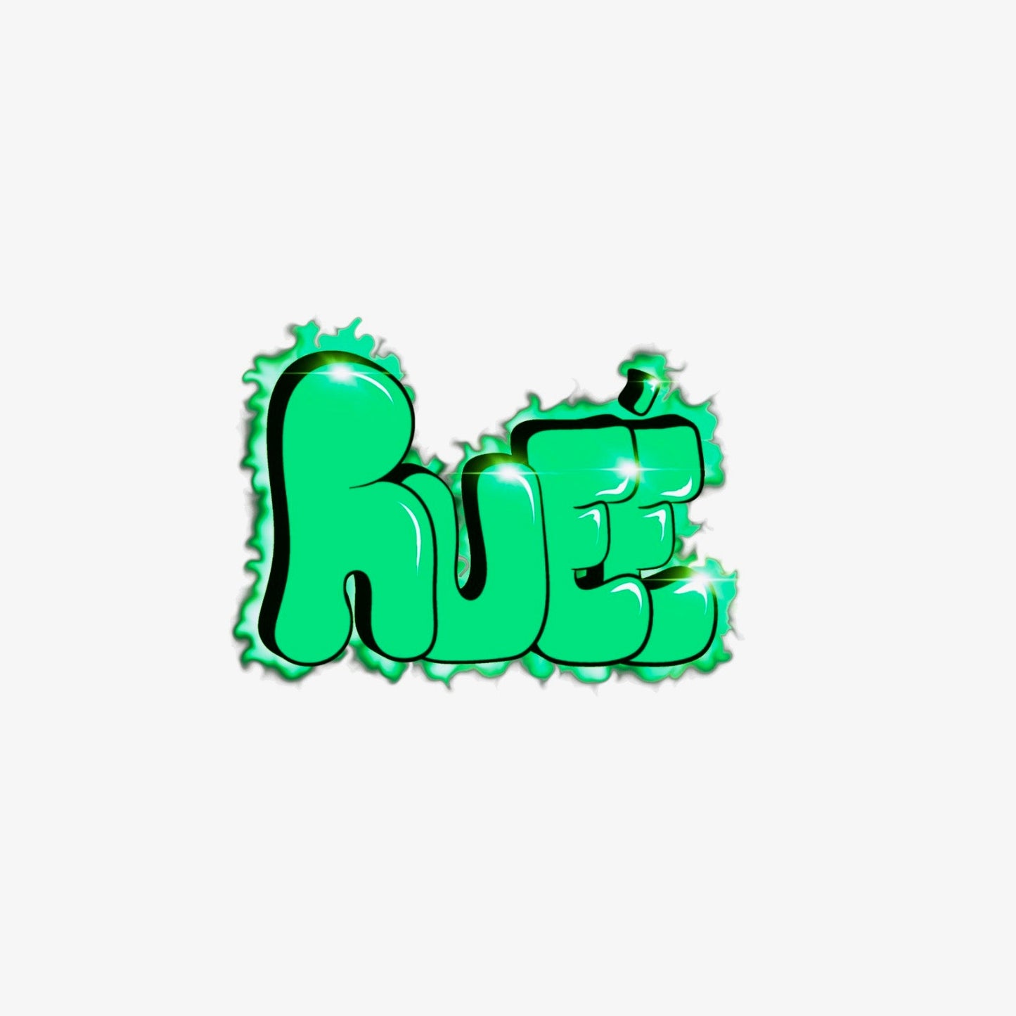 Green bubble-letter "Rueé" with glossy highlights and a glowing outline