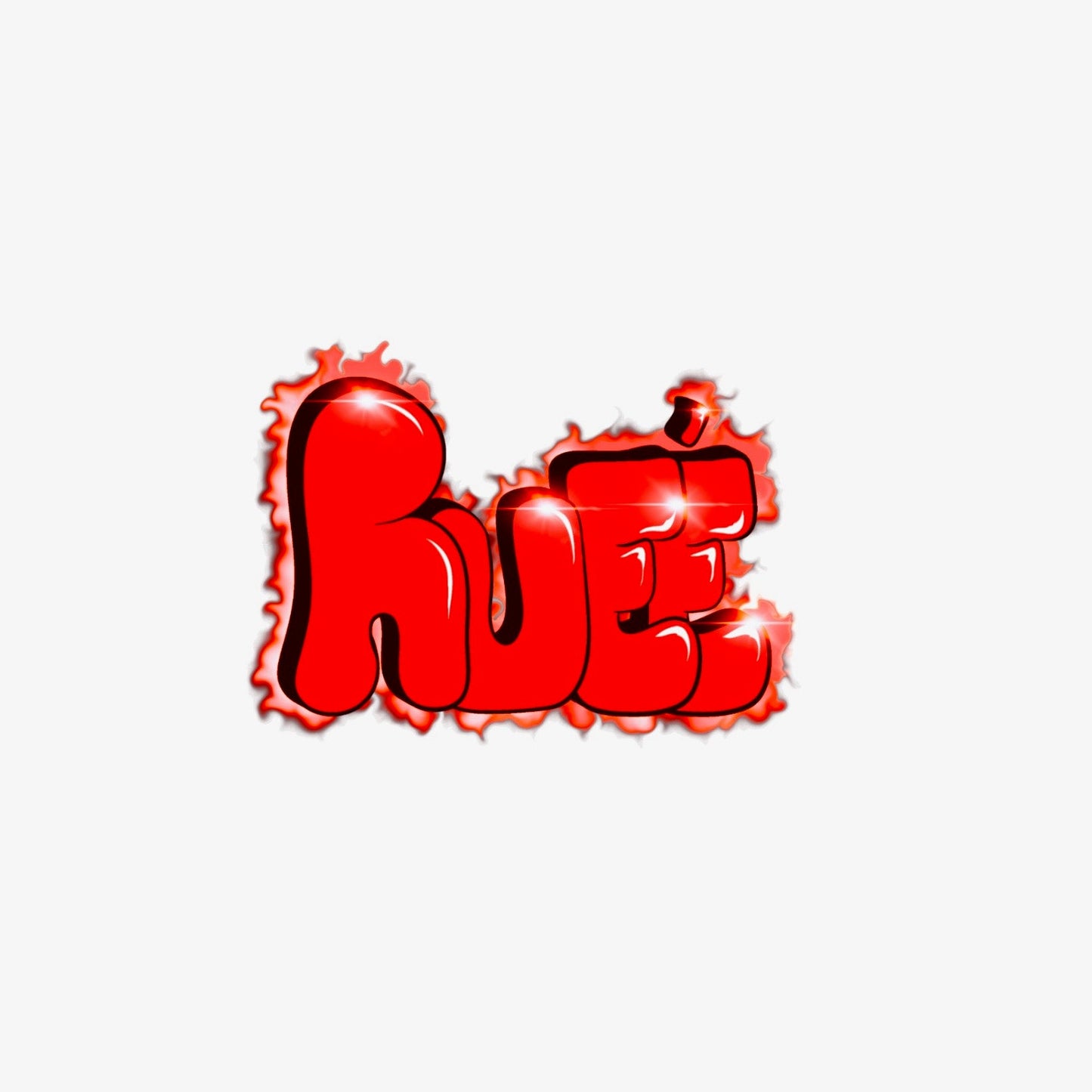 Black and red glowing "Rueé" in glossy bubble-letter style with a fiery edge