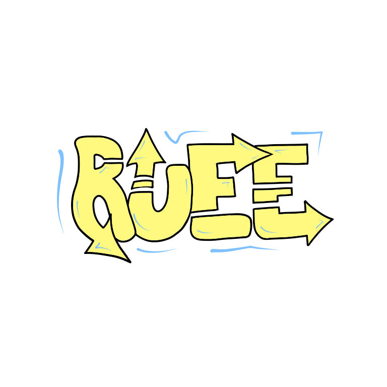 Yellow graffiti-style "Rueé" with bold arrows and blocky lettering