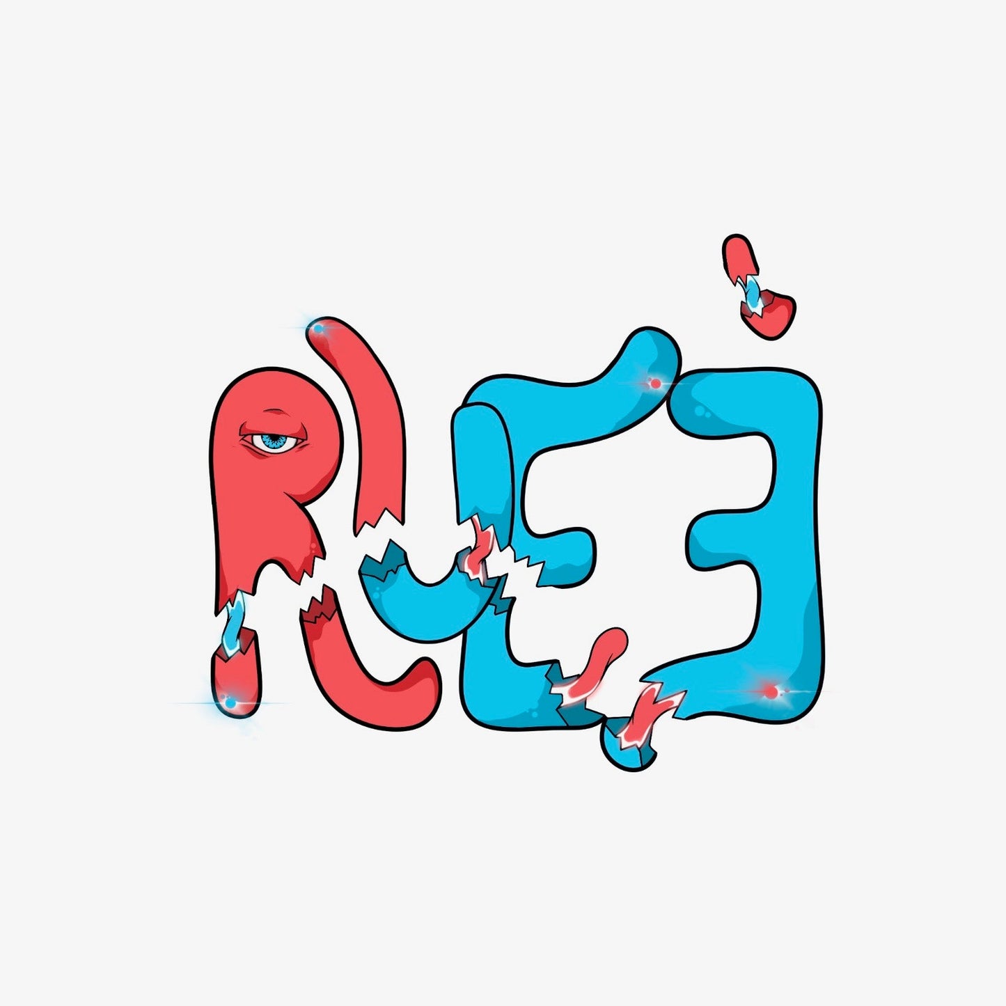 Split red and blue “Rueé” design with a jagged, broken effect and expressive faces