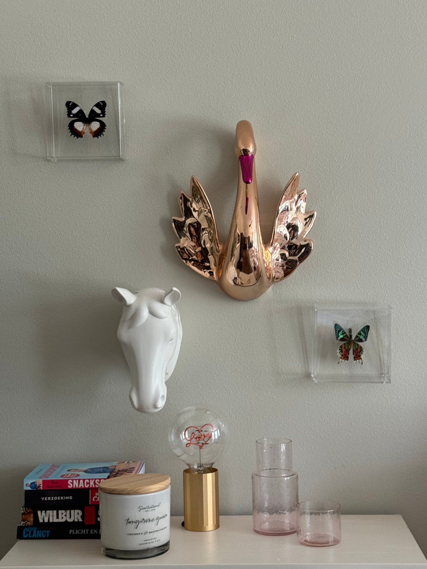 two butterflies mounted in acrylic boxes hung above a nightstand