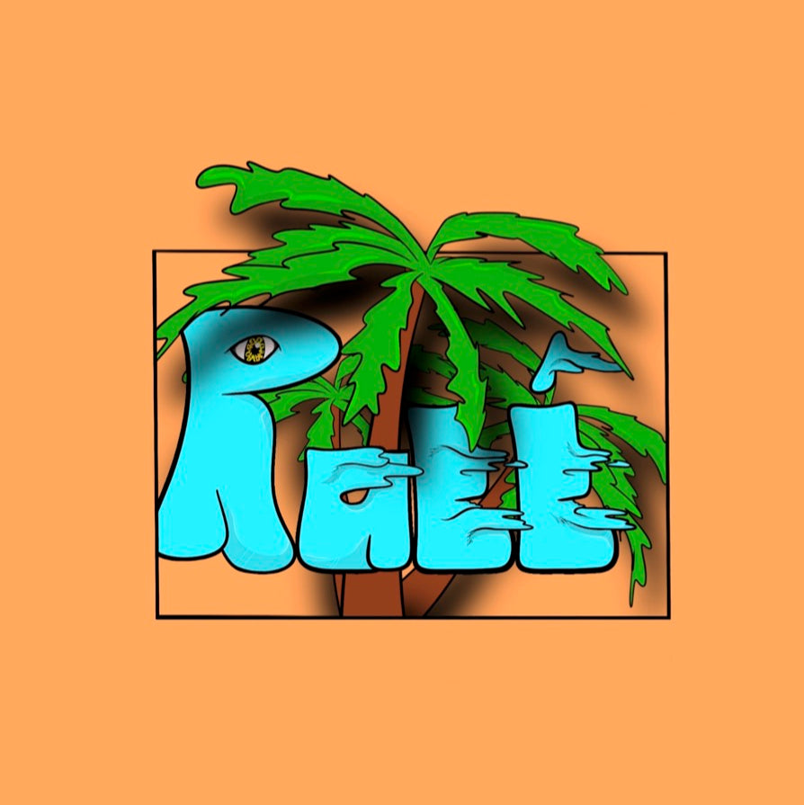 Tropical “Rueé” in blue bubble letters with green palm tree and orange background