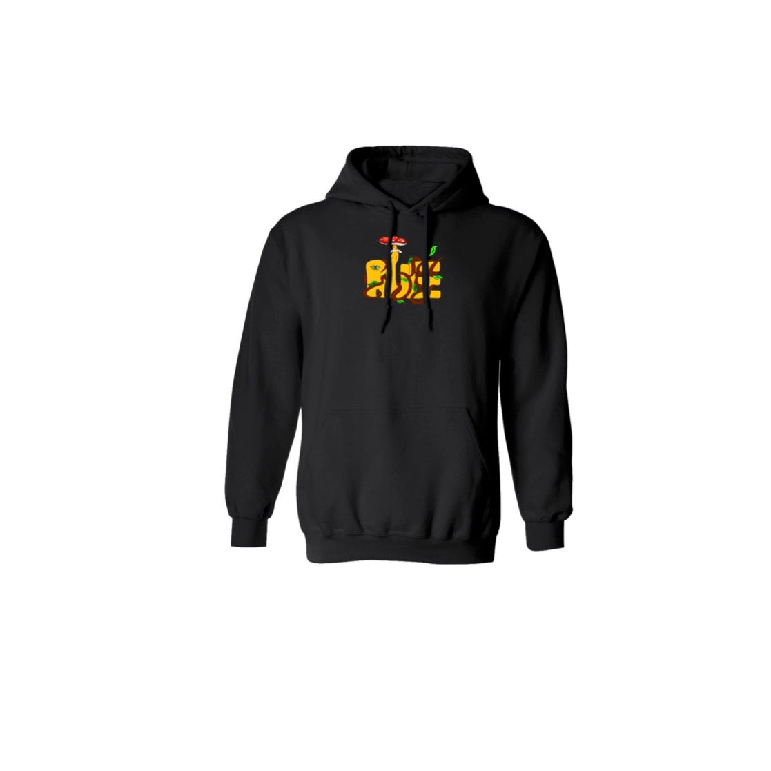 Yellow Rueé logo on a black hoodie.