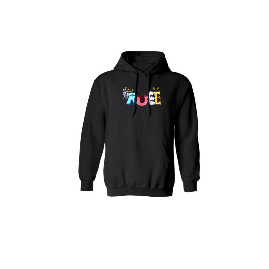 Multicolored Rueé logo on a black hoodie.