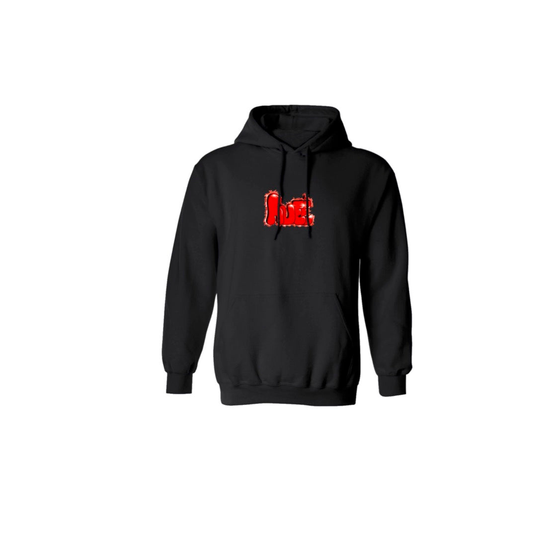 Red Rueé logo on a black hoodie.