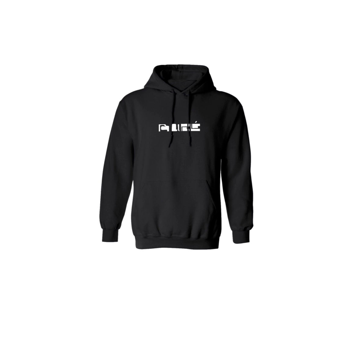 White Rueé logo on a black hoodie.