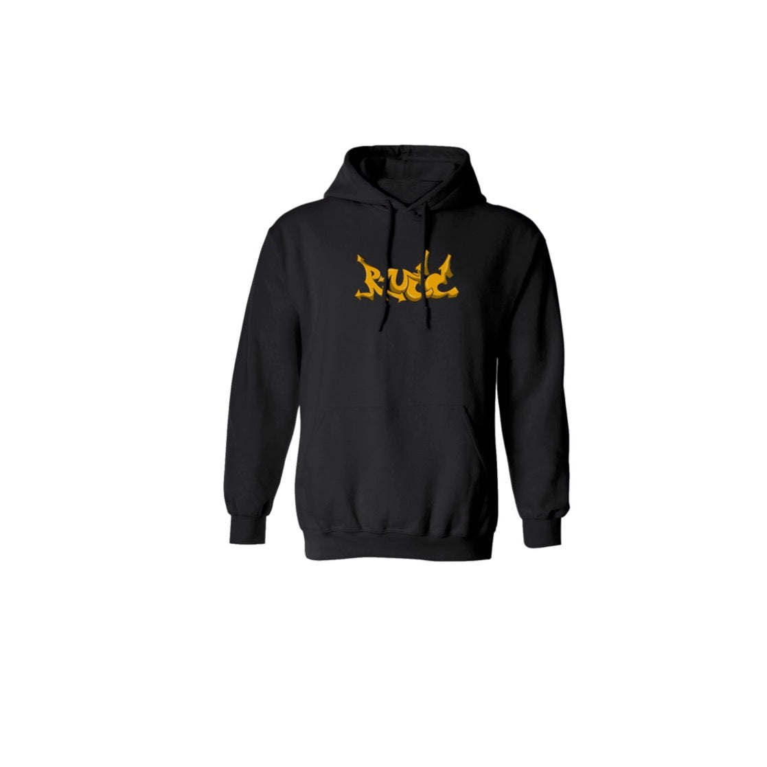 Gold Rueé logo on a black hoodie.