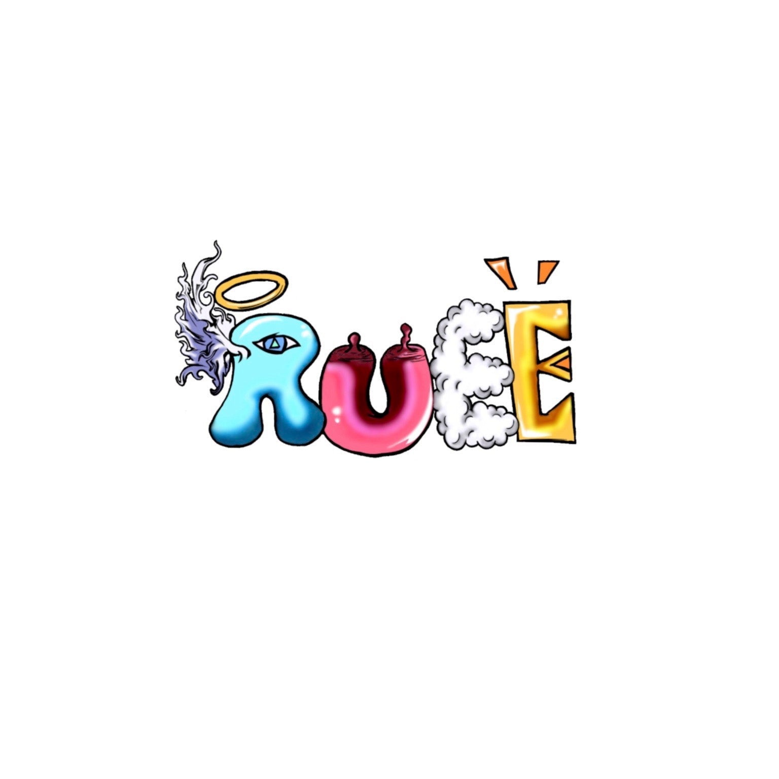 Whimsical cartoon "Rueé" with mixed materials—clouds, eyes, halo, and stylized letters