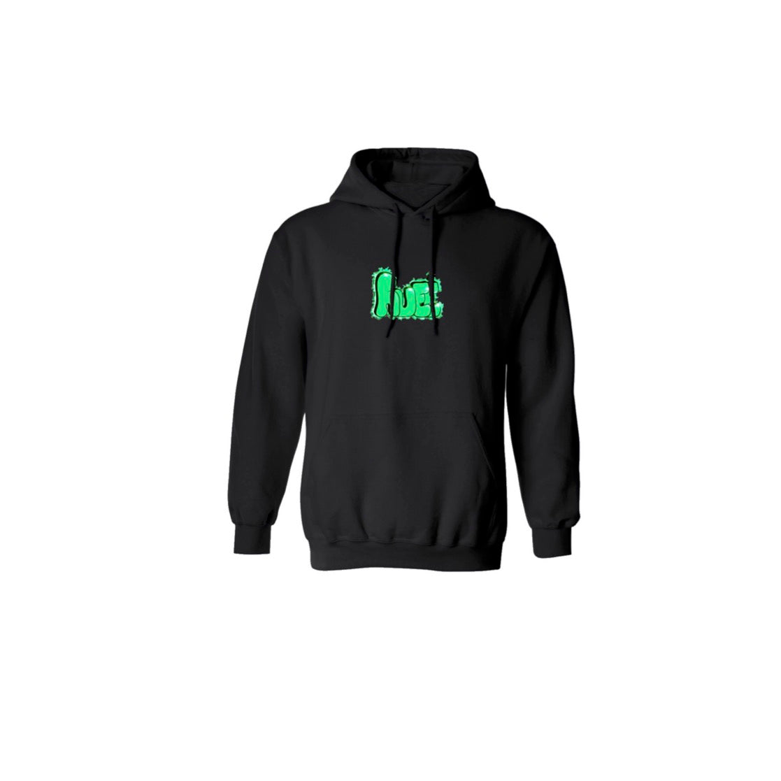 Green Rueé logo on a black hoodie.