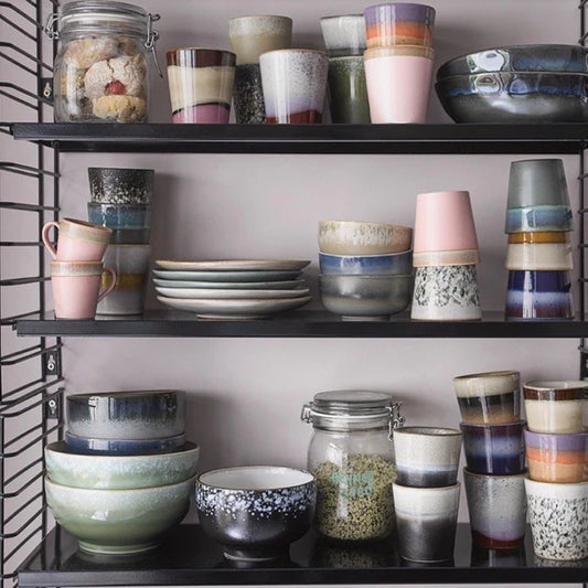 retro style table ware in open shelving