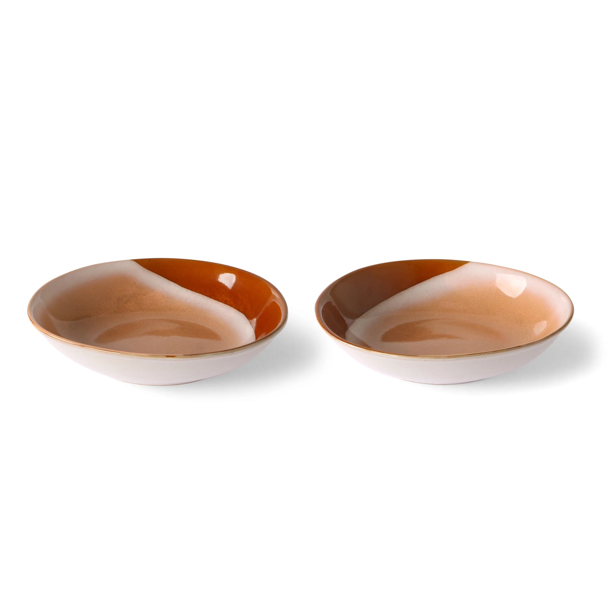 two organic shape retro style curry bowls peach orange