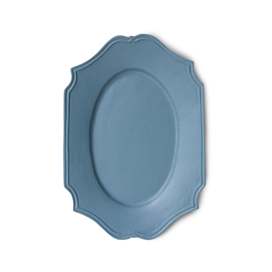 blue metal serving platter on white surface