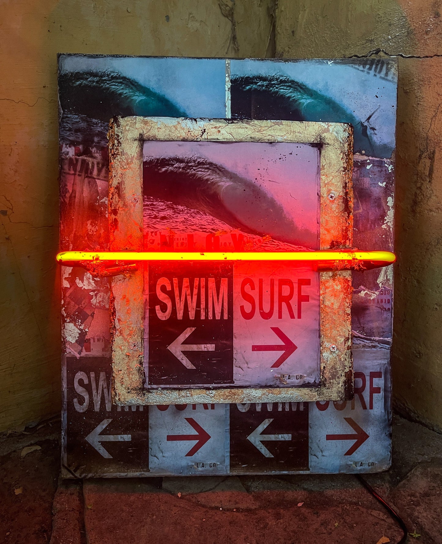 abstract art work mixed media on wood with neon