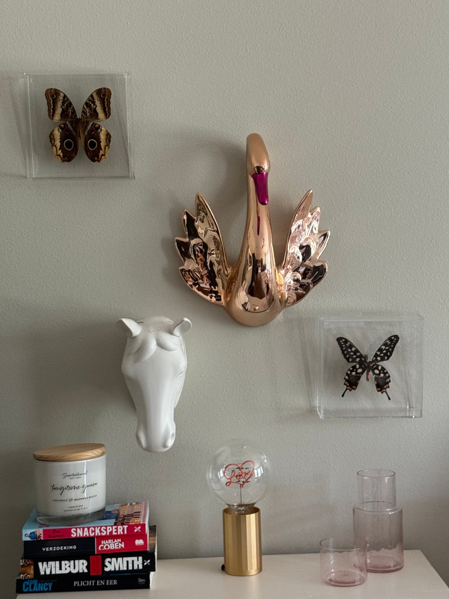two mounted butterflies hanging among other home decor pieces.