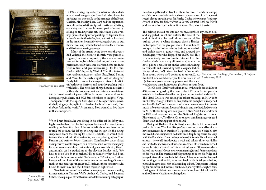 page from hard cover art book living in the Chelsea Hotel