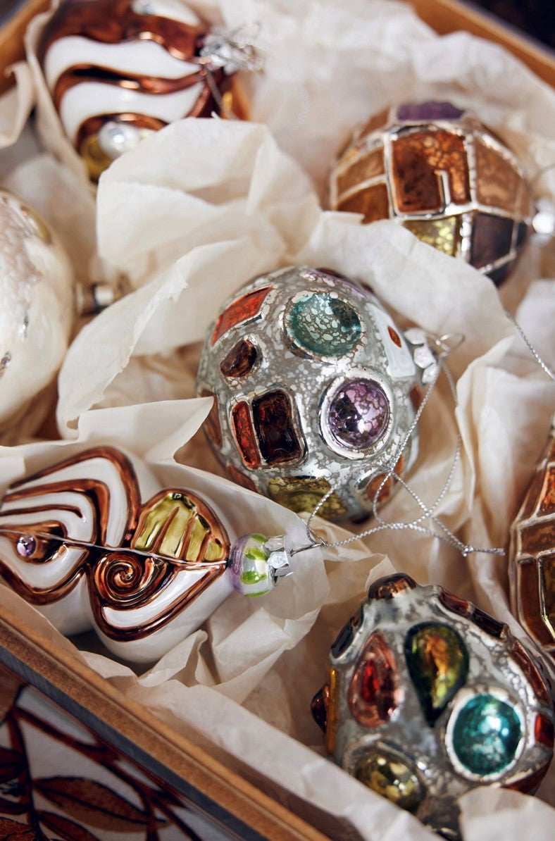 glass Christmas ornaments with artsy design
