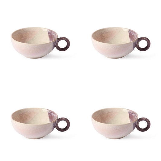 4 pastel colored tea cups with ear