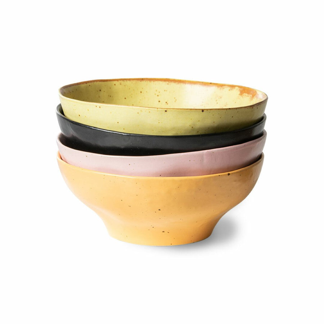 yellow black pink and orange organic shaped small porcelain bowls