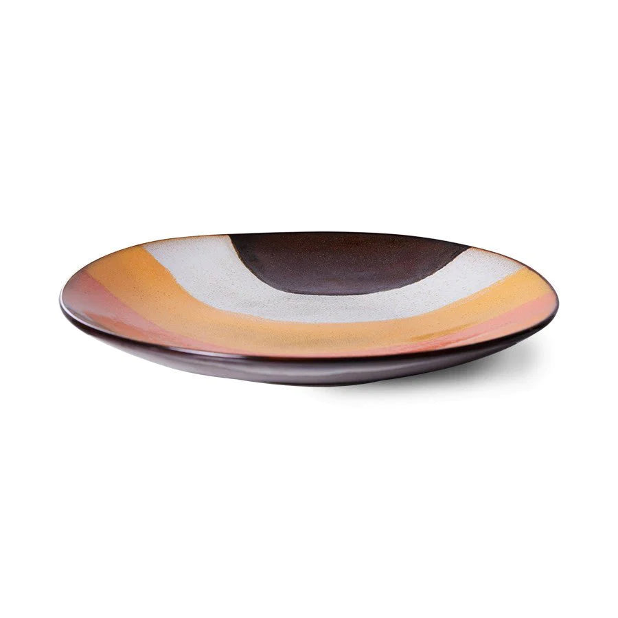 retro style side plates with retro wave in orange brown yellow and cream