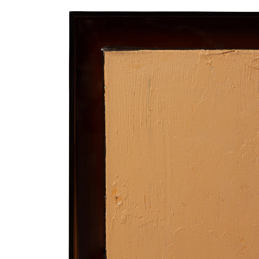 detail of abstract painting with brown acrylic frame