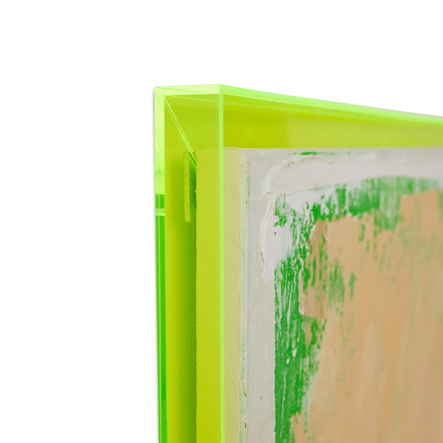 detail of abstract painting with neon yellow frame