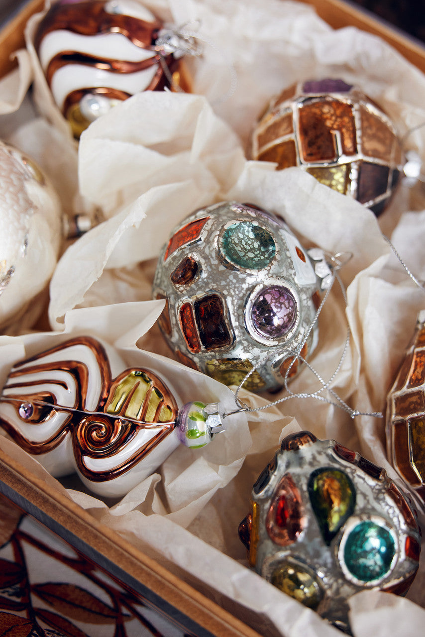 brutalist inspired hand painted glass Christmas ornament in box