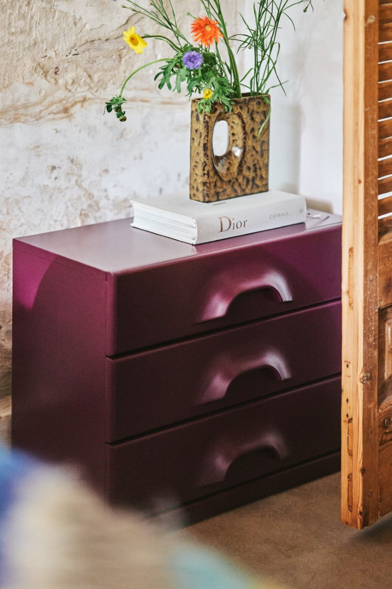 small mulberry cabinet with 3 drawers, Dior book and flower vase