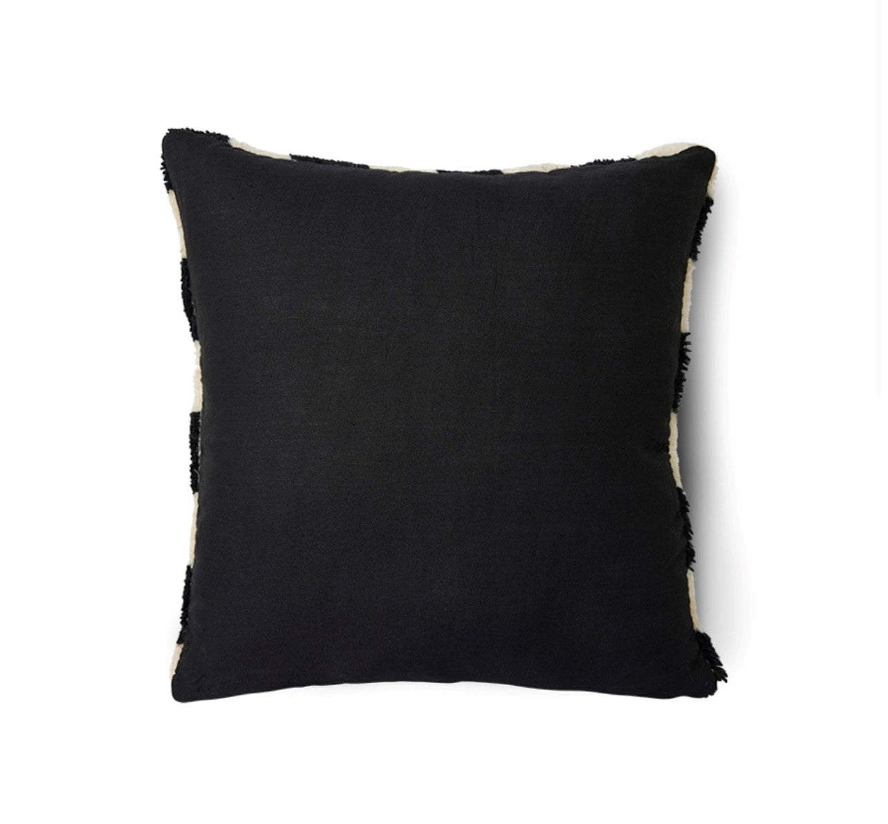 linen back of black and white checkered woolen decorative pillow