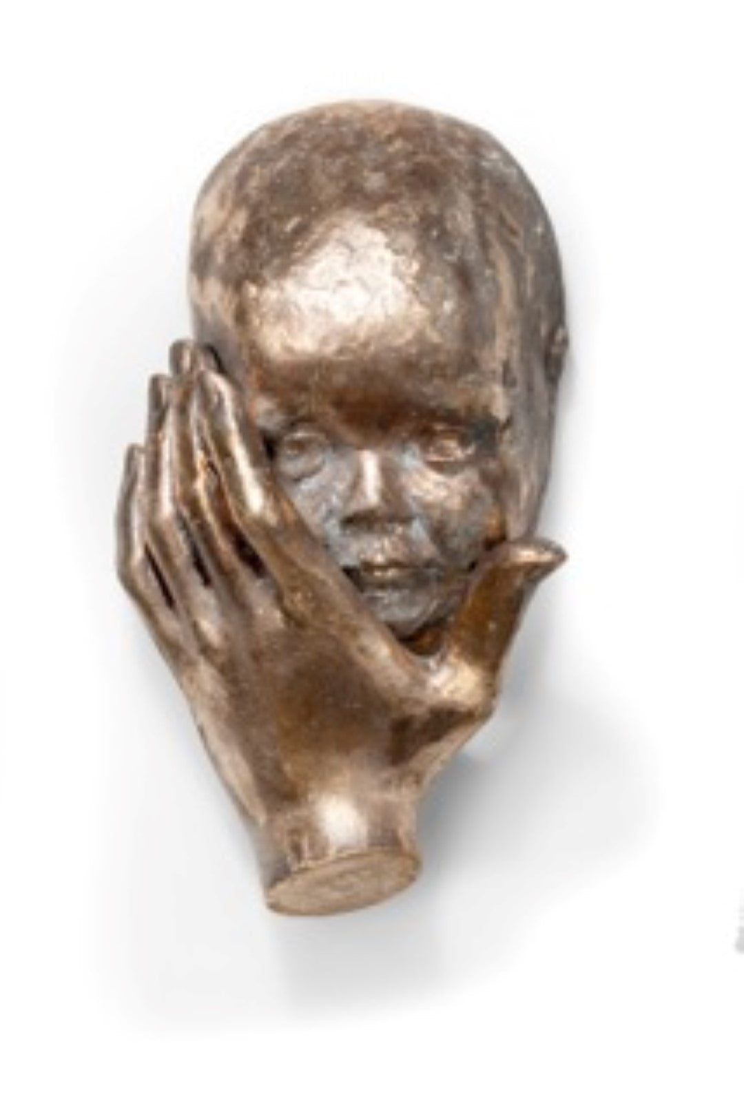 3d sculpture in bronze of hand that holds the prescious face of a baby