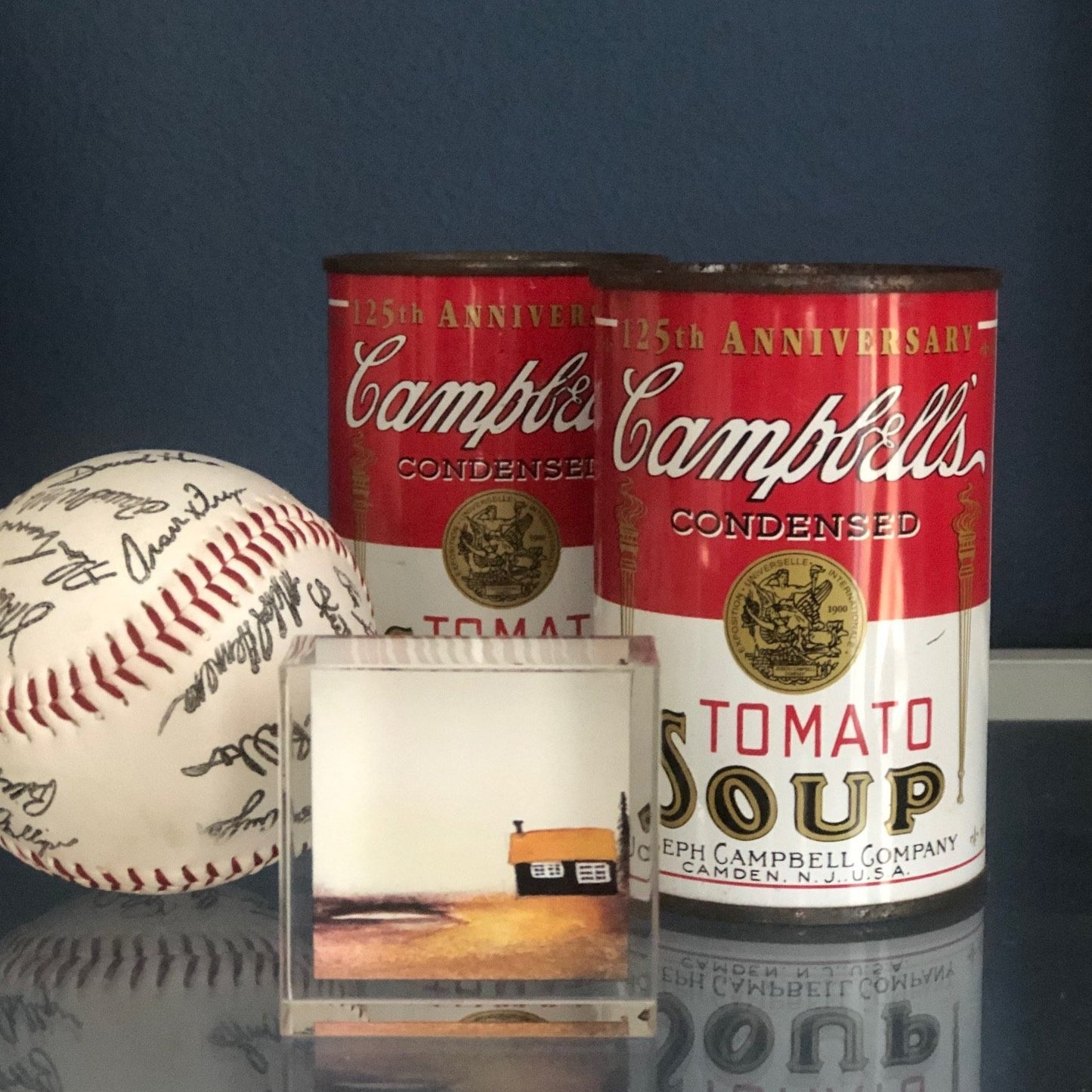 water color art work in clear box with Campbell soup
