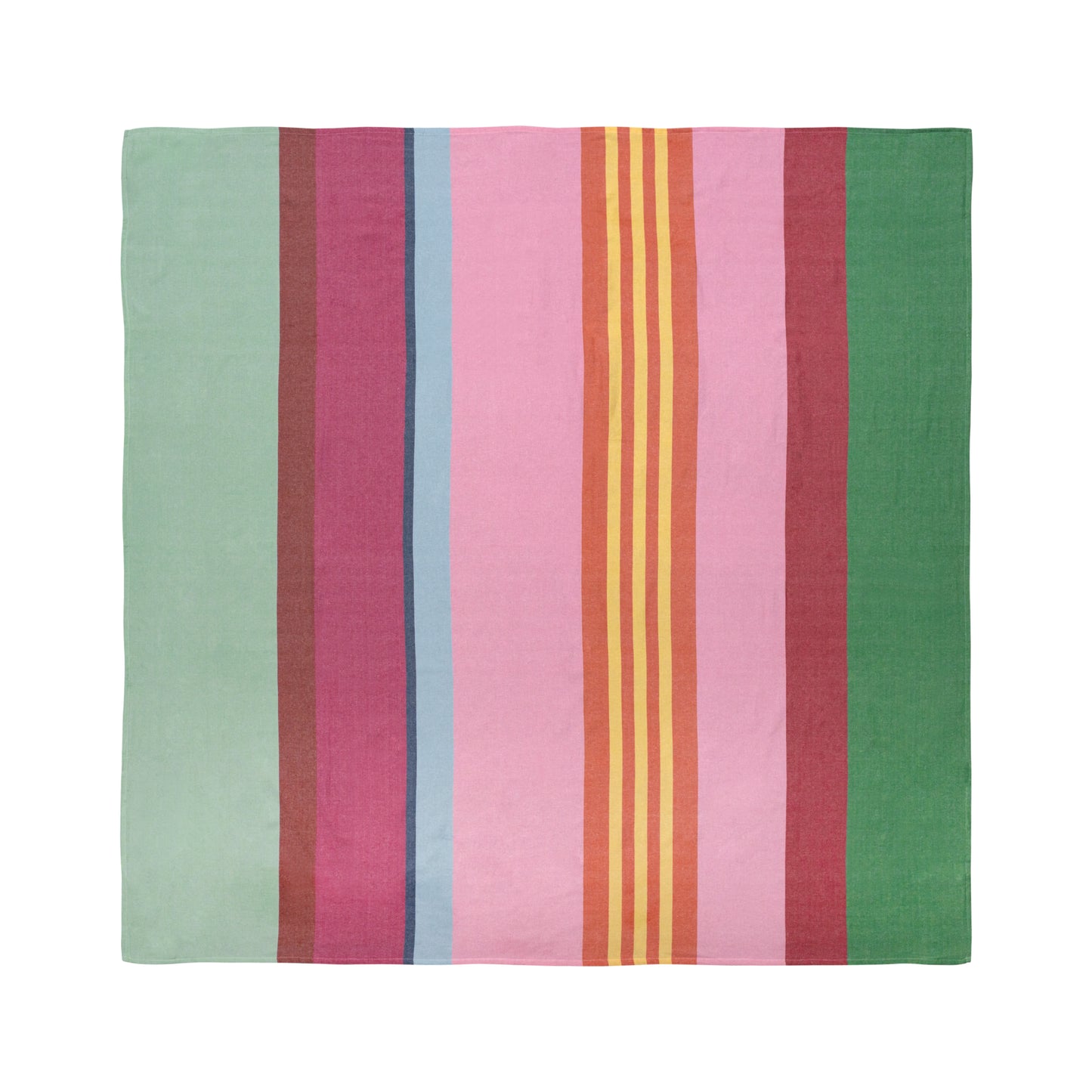 large striped beach blanket with green, pink, purple and yellow stripes