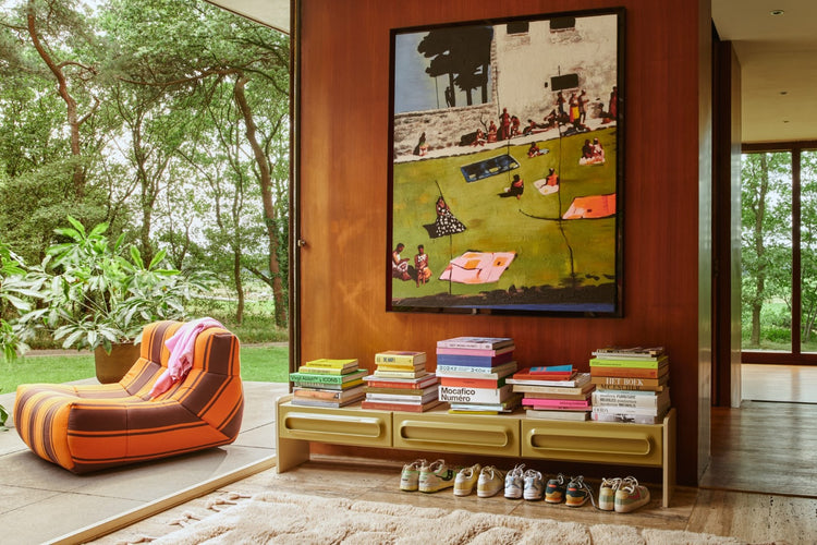 living room view with outdoor orange brown striped lounge chair, modern painting on wooden wall and lowboard filled with books