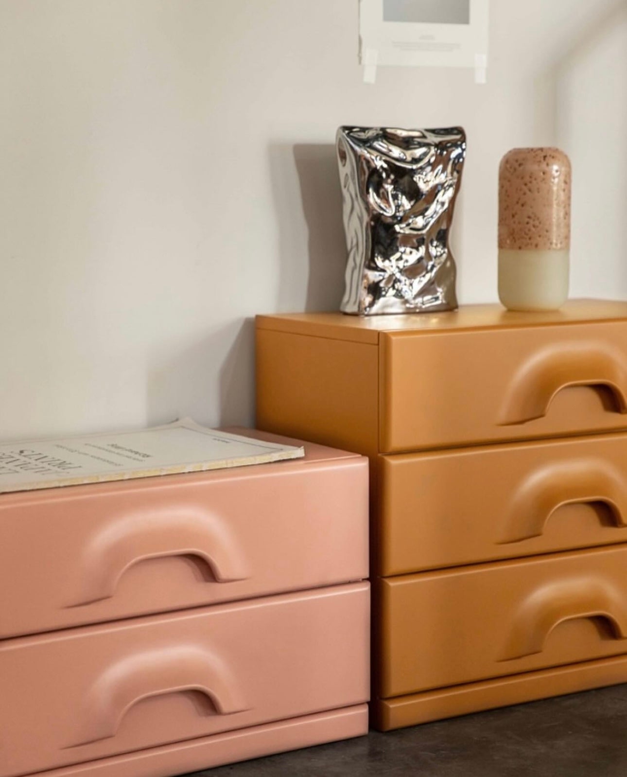 Blush colored small chest of drawers 