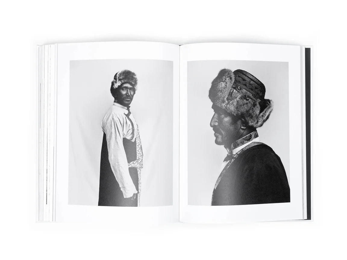 Open book showing black and white portraits of a person with decorative headgear.