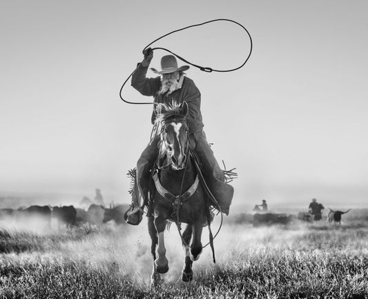 black and white photograph of ranger with lasso on a horse