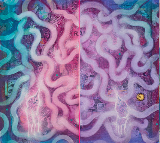 abstract painting in blue pink and lilac