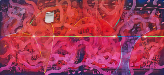 horizontal large abstract painting in pink and neon