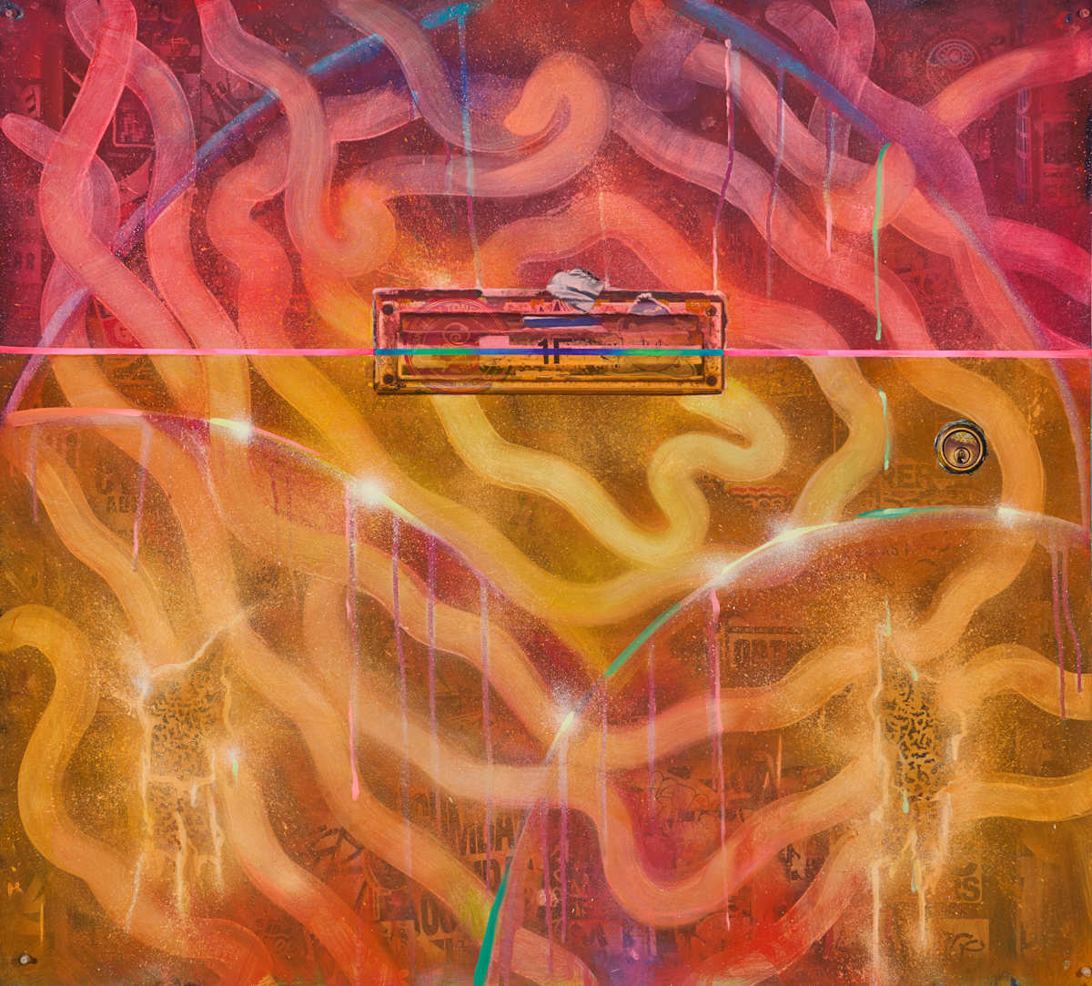 Abstract artwork with wavy lines in red, pink, and orange on a textured surface.
